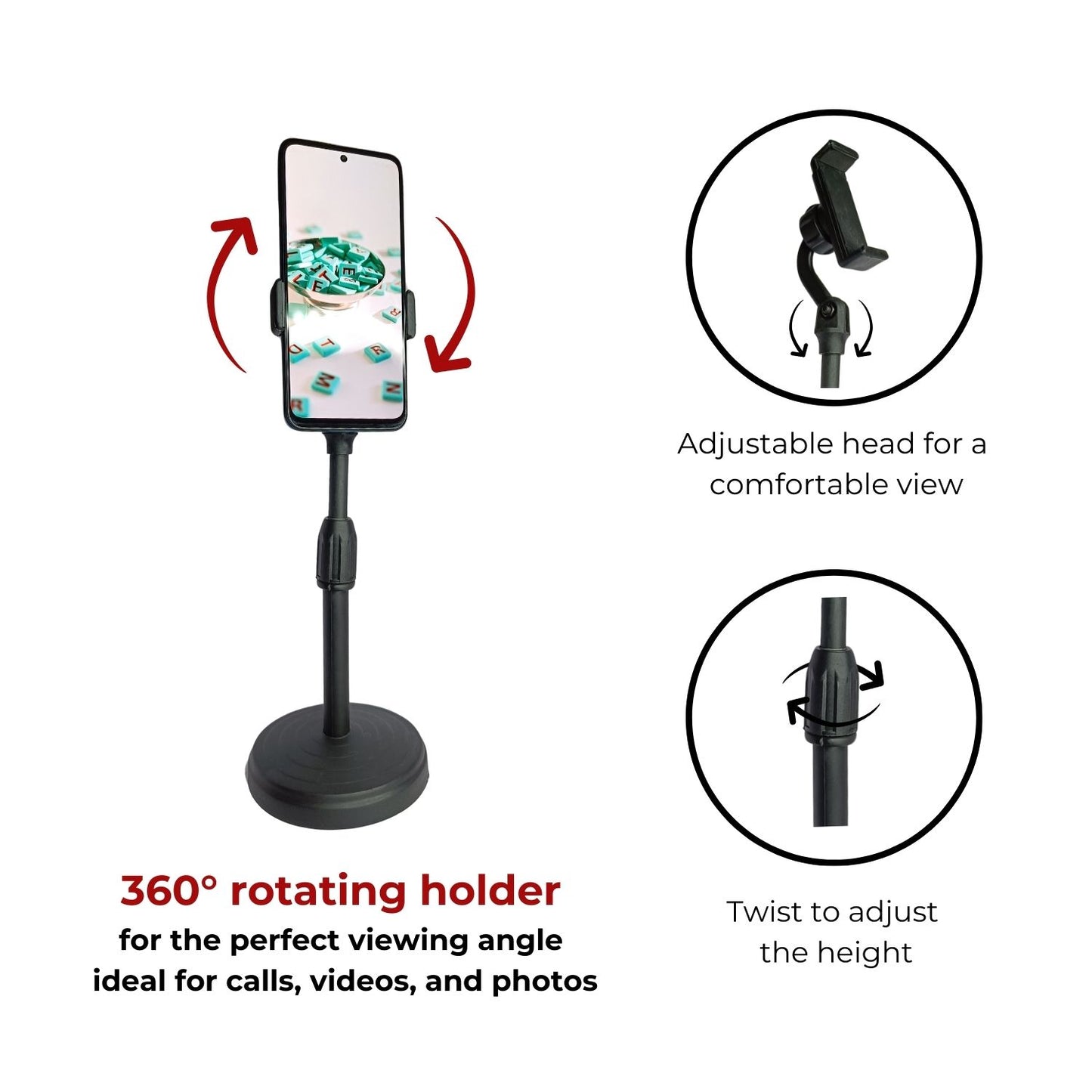 Mobile holder features including 360° rotation, twist-to-adjust height, and adjustable head