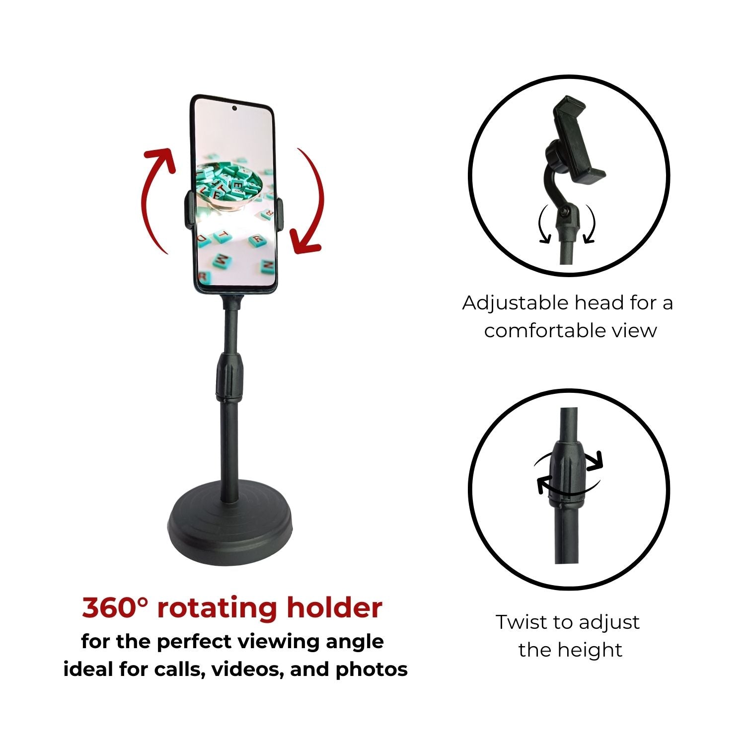 Mobile holder features including 360° rotation, twist-to-adjust height, and adjustable head