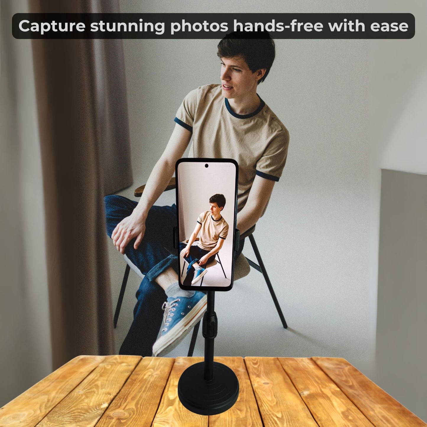 Mobile placed on the holder capturing a stunning hands-free photo of a person, with text "Capture Stunning Photos Hands-Free