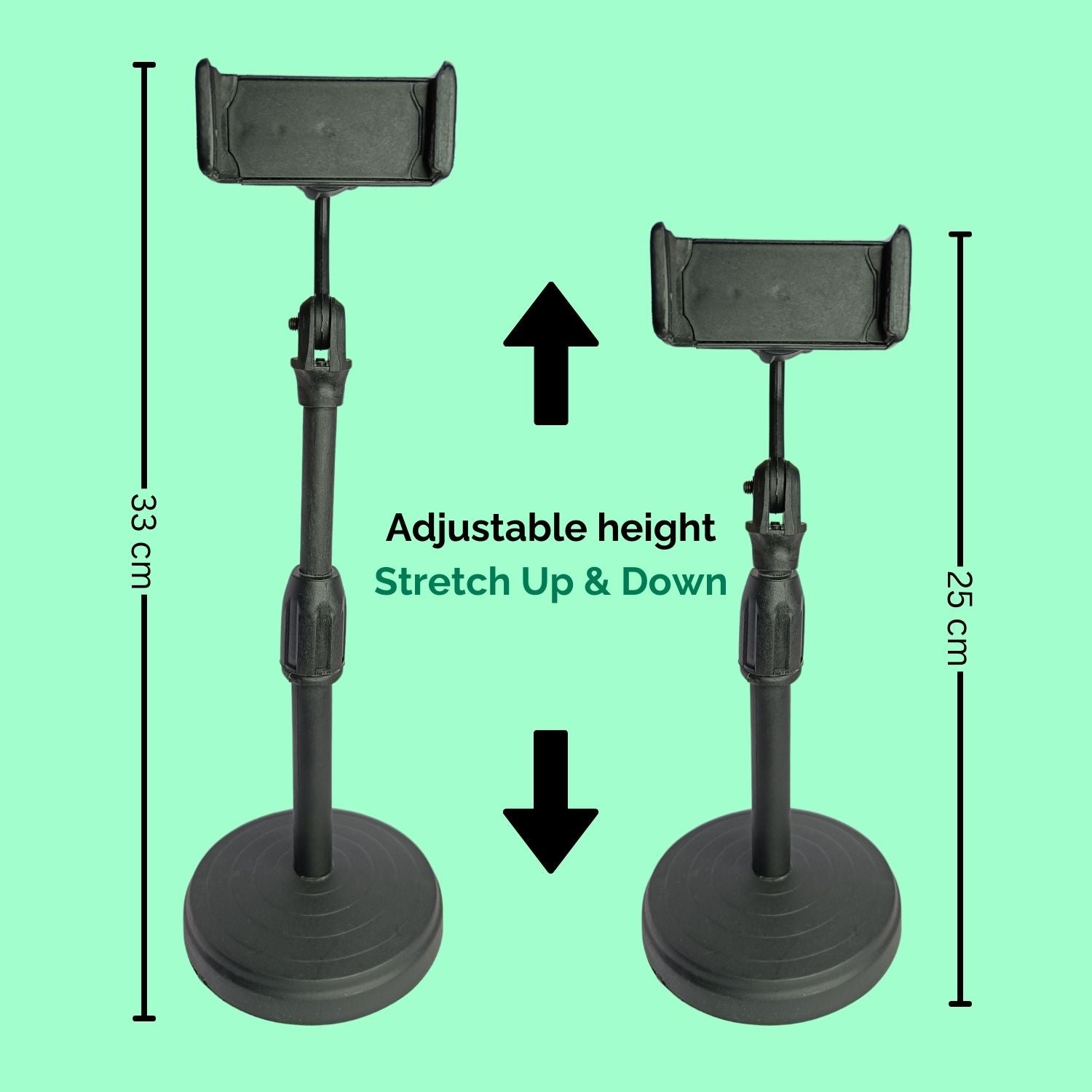 Mobile holder with adjustable height feature, with text "Adjustable Height - Stretch Up and Down