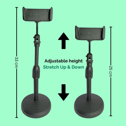 Mobile holder with adjustable height feature, with text "Adjustable Height - Stretch Up and Down