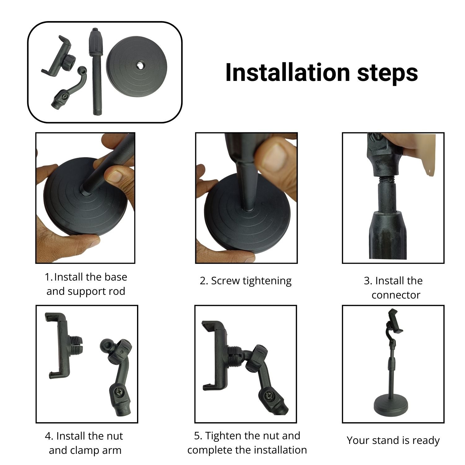 Step-by-step guide showing the installation process of the adjustable height mobile holder