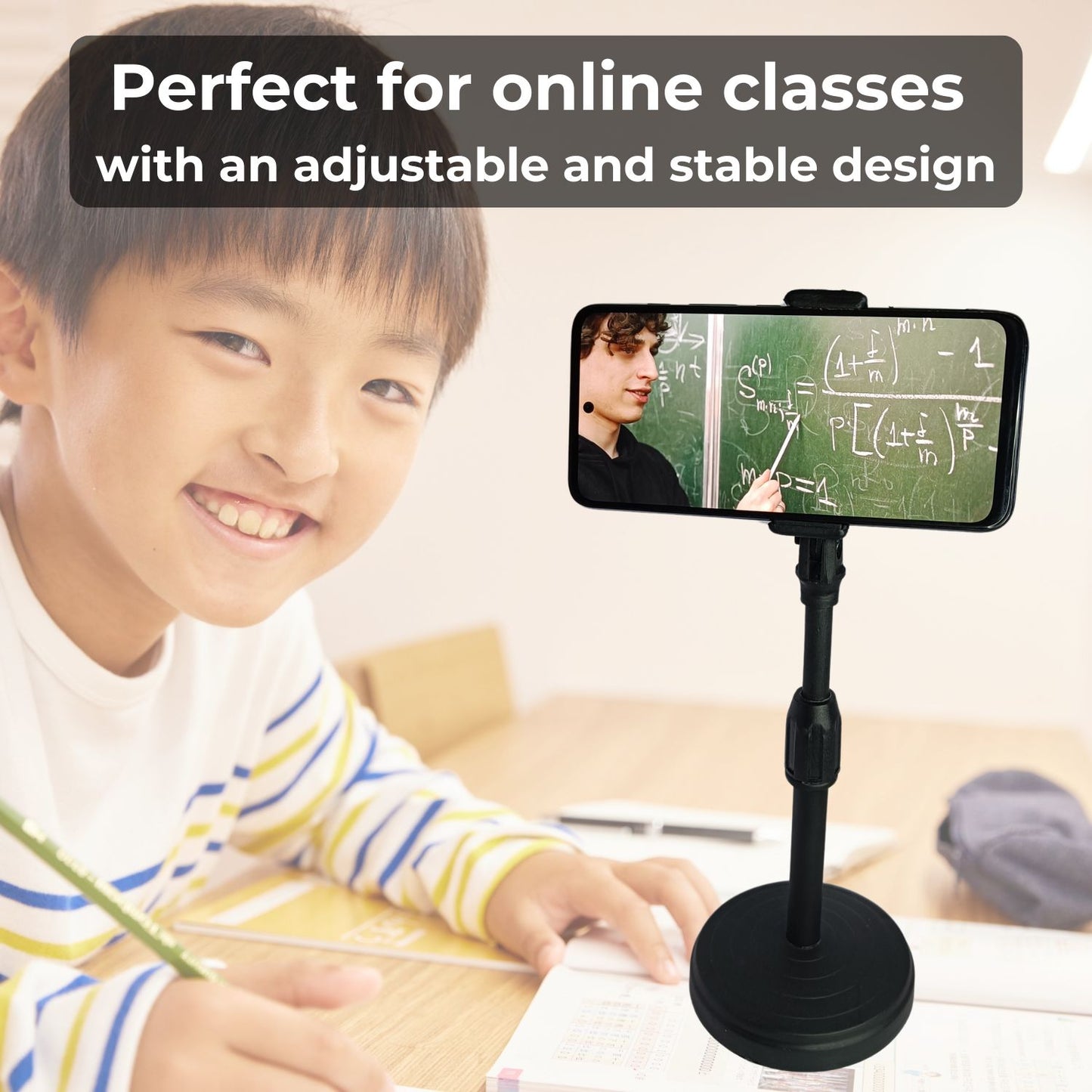 Ideal mobile holder for online classes, showing a kid studying with a phone placed on the holder