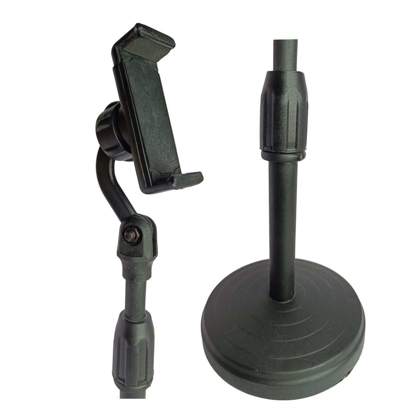 Close-up view of the adjustable height mobile holder and its sturdy base