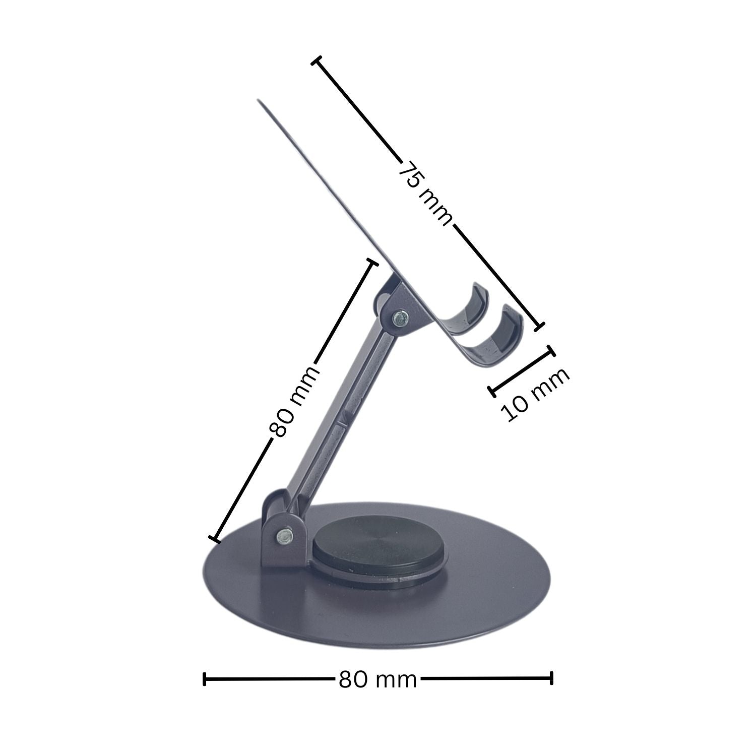 ront view of the metal mobile holder with labeled dimensions