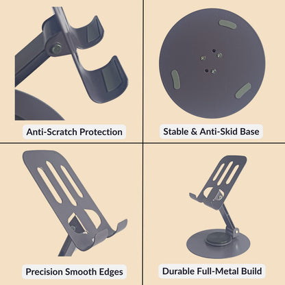 Metal mobile holder highlighting key features such as anti-skid base, smooth edges, and durable metal body