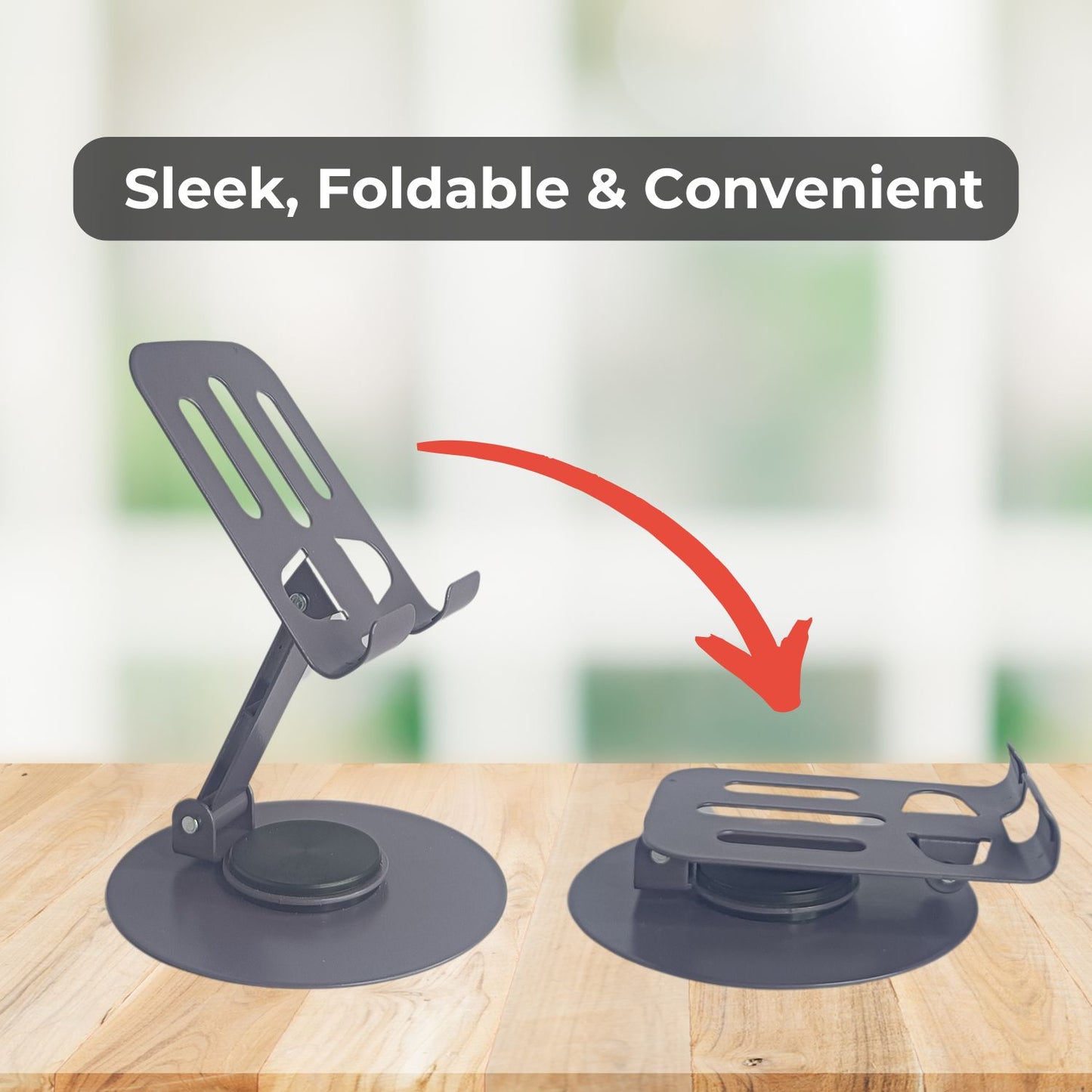 Sleek and foldable metal mobile holder with text "Sleek, Foldable, and Convenient"