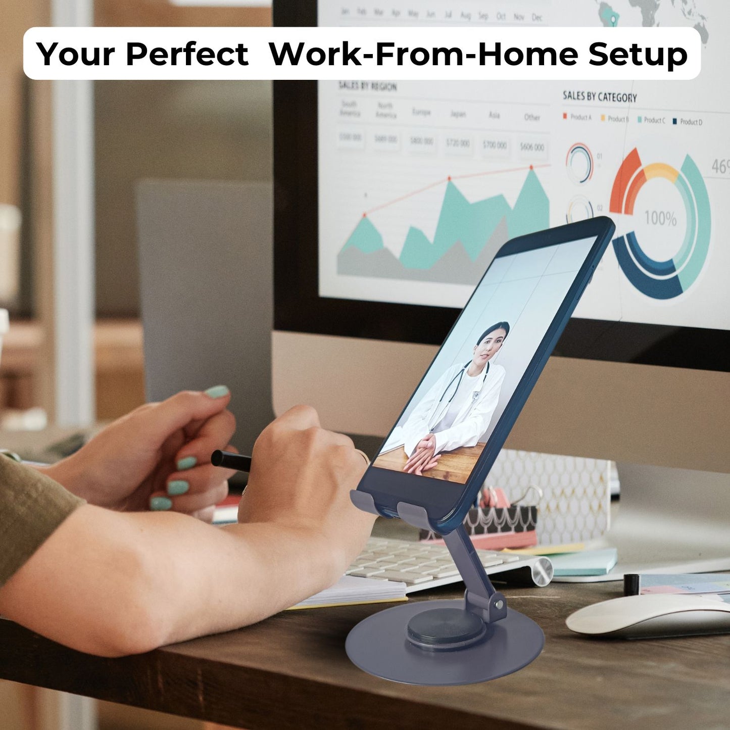 Metal mobile holder as part of a perfect work-from-home setup, with text "Your Perfect Work from Home Setup"