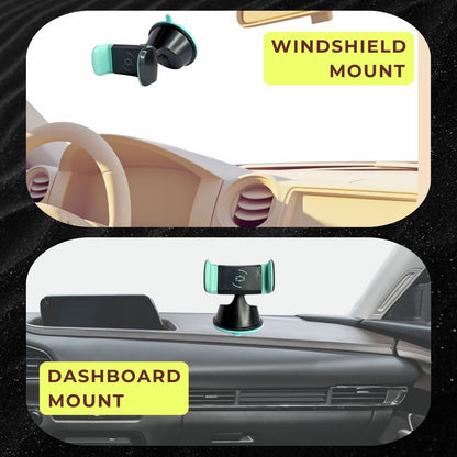 Mobile car stand holder securely mounted on a car dashboard and windshield for versatile positioning