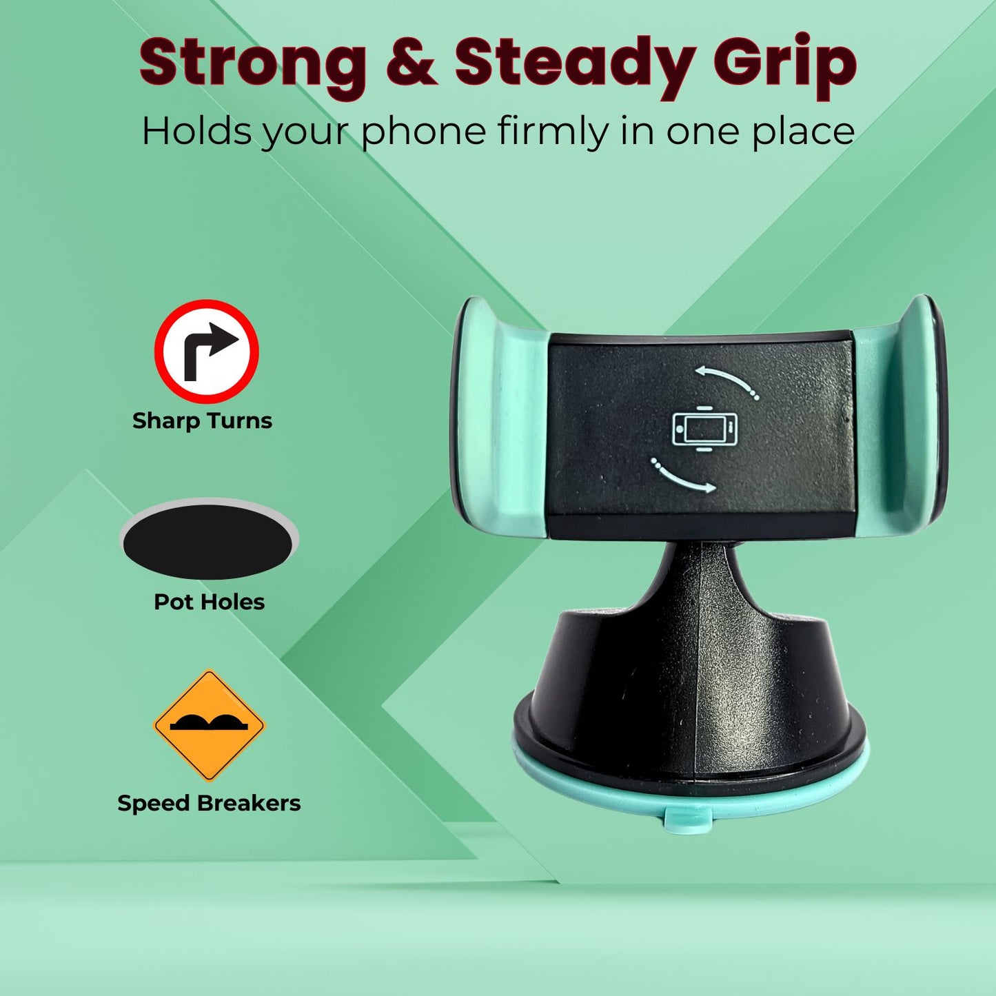 Mobile car stand holder with a strong and steady grip, ensuring stability on sharp turns, potholes, and speed breakers