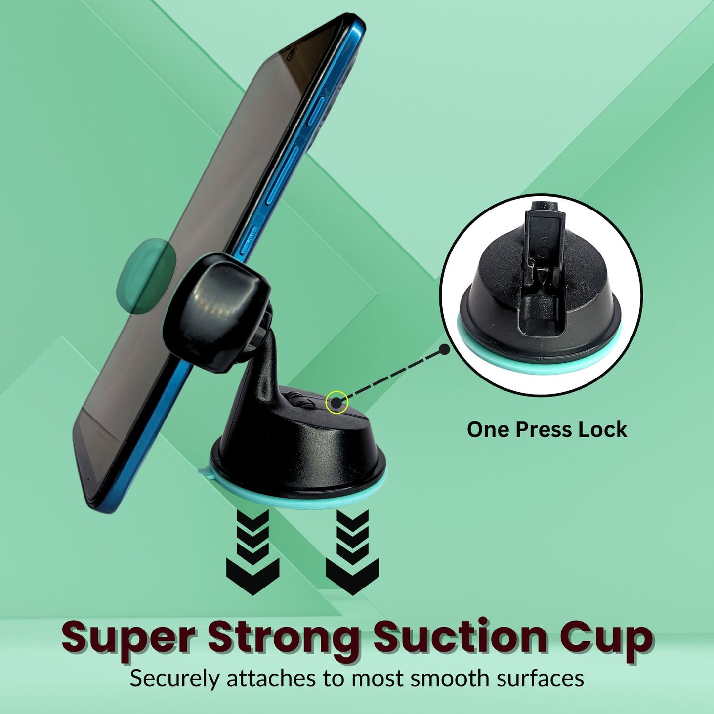 Mobile car stand holder featuring a super strong suction cup with a one-press lock for secure attachment