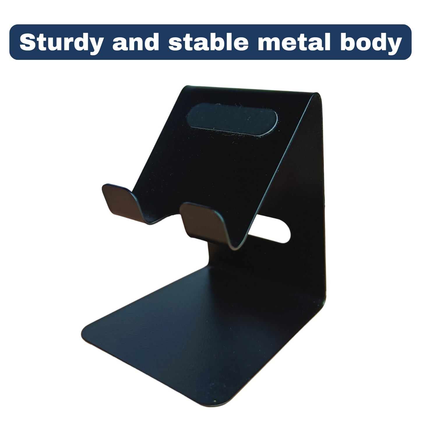 Premium metal phone stand with text "Sturdy and Stable Metal Stand"