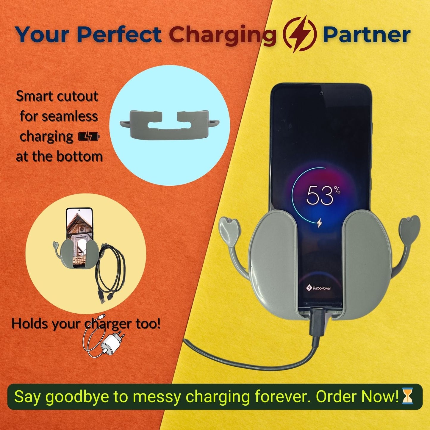 Mobile placed in wall-mounted holder with charging cable attached, showing charging percentage; smart cutout for charging and cable holder shown separately