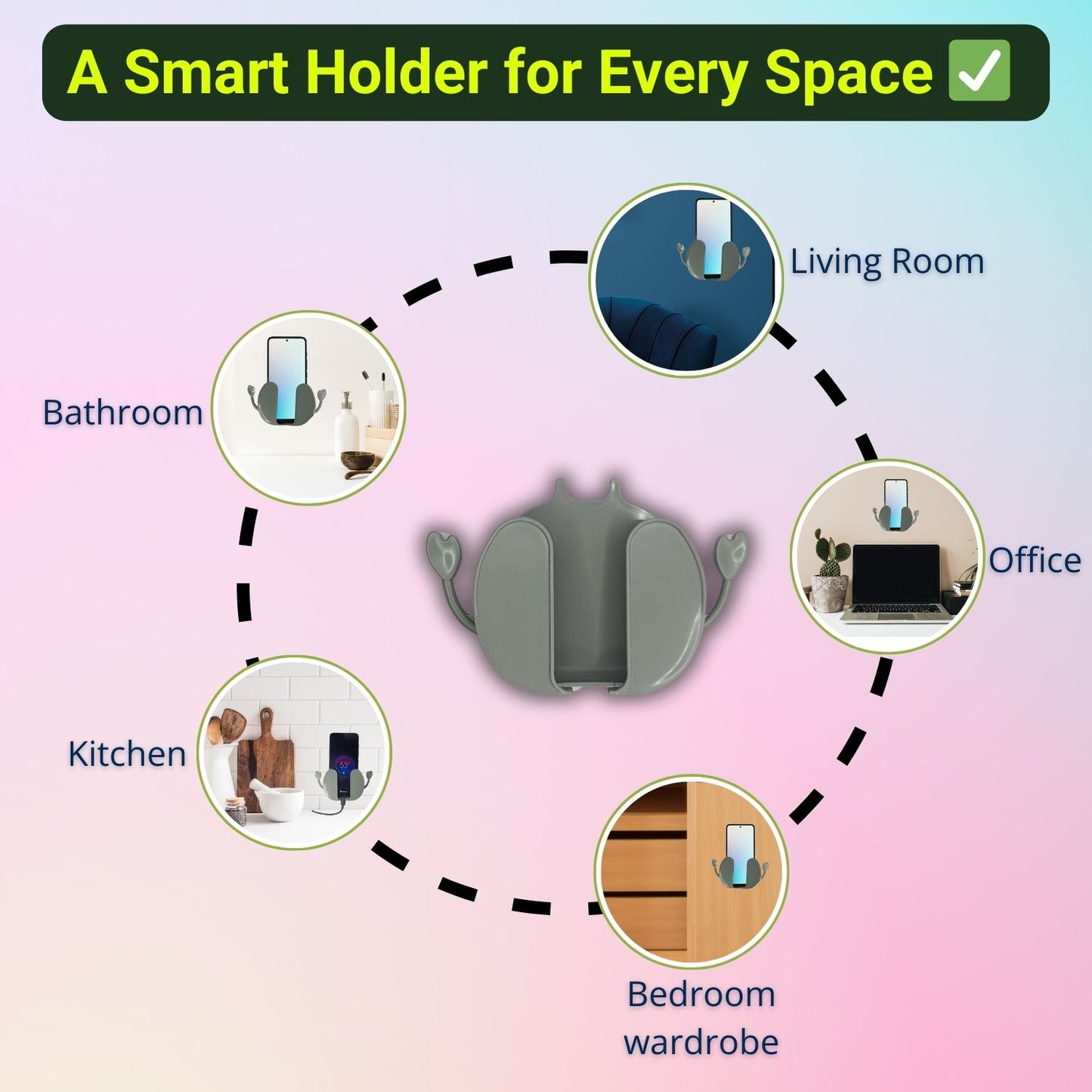 Wall-mounted mobile holder use cases shown for kitchen, bedroom, office, living room, and bathroom