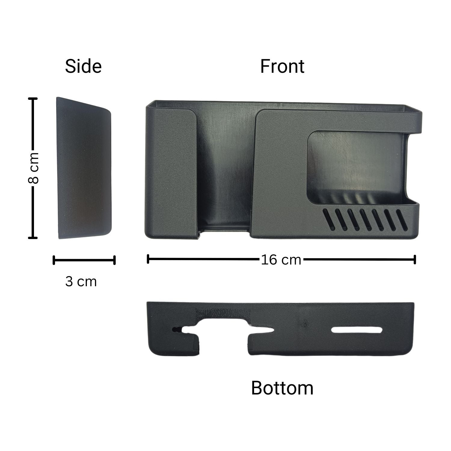 Wall mount mobile and remote holder with front, side, and bottom dimensions labeled