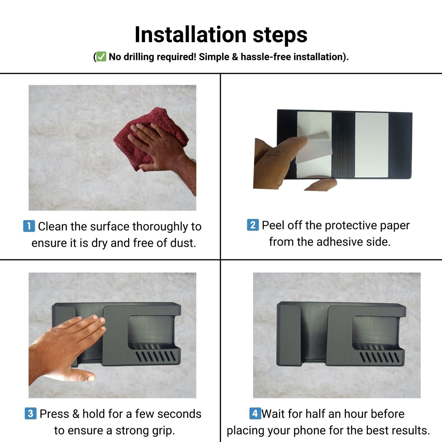 Step-by-step guide showing the installation process of the wall-mounted mobile and remote holder