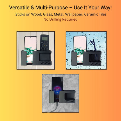 Wall-mounted mobile and remote holder shown attached to different surfaces like wood, ceramic tiles, and wallpaper with text "Versatile and Multipurpose Use"